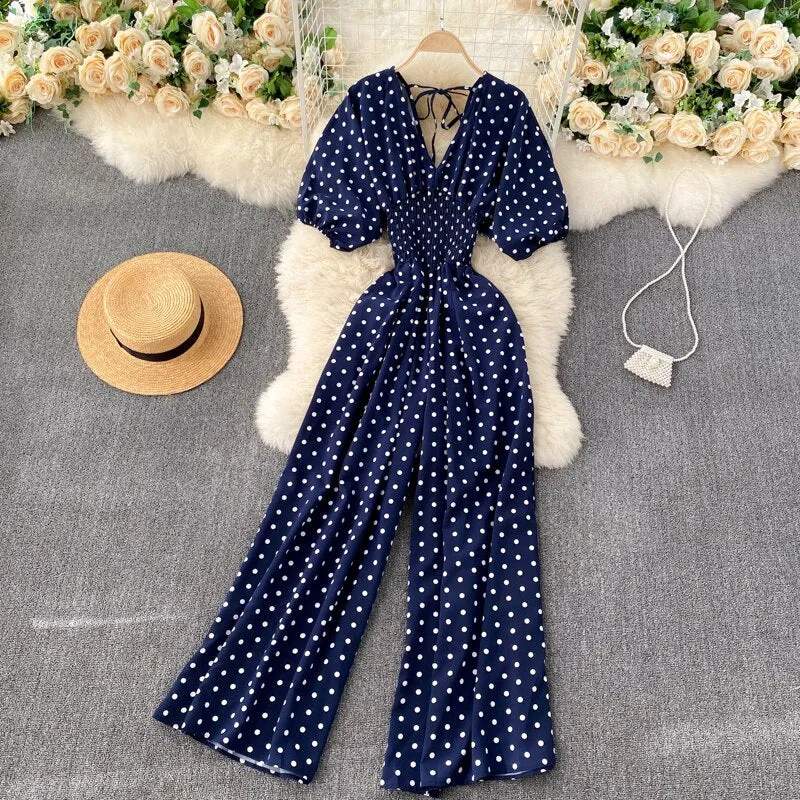 Women Polka Dot Romper Elegant V-Neck Jumpsuit
