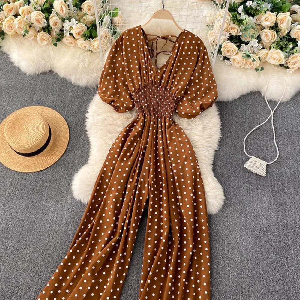 Women Polka Dot Romper Elegant V-Neck Jumpsuit