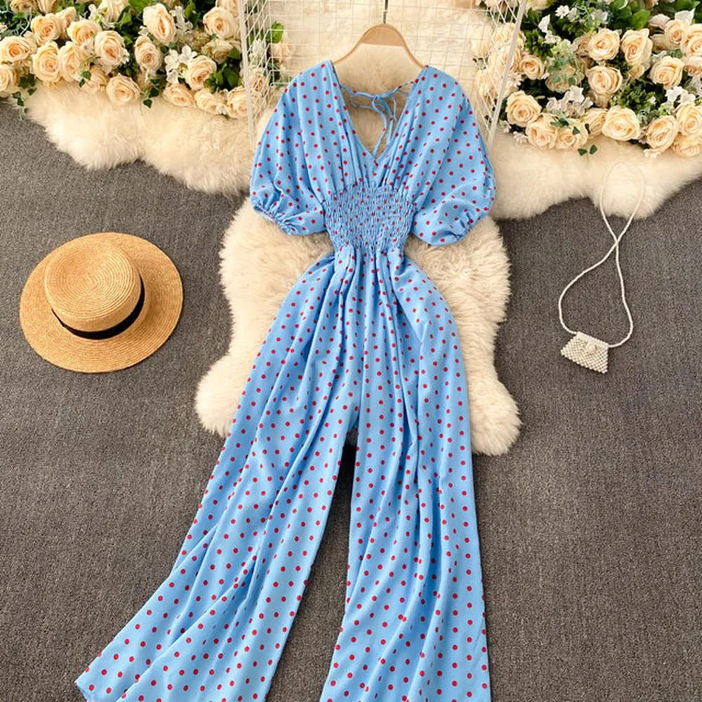 Women Polka Dot Romper Elegant V-Neck Jumpsuit