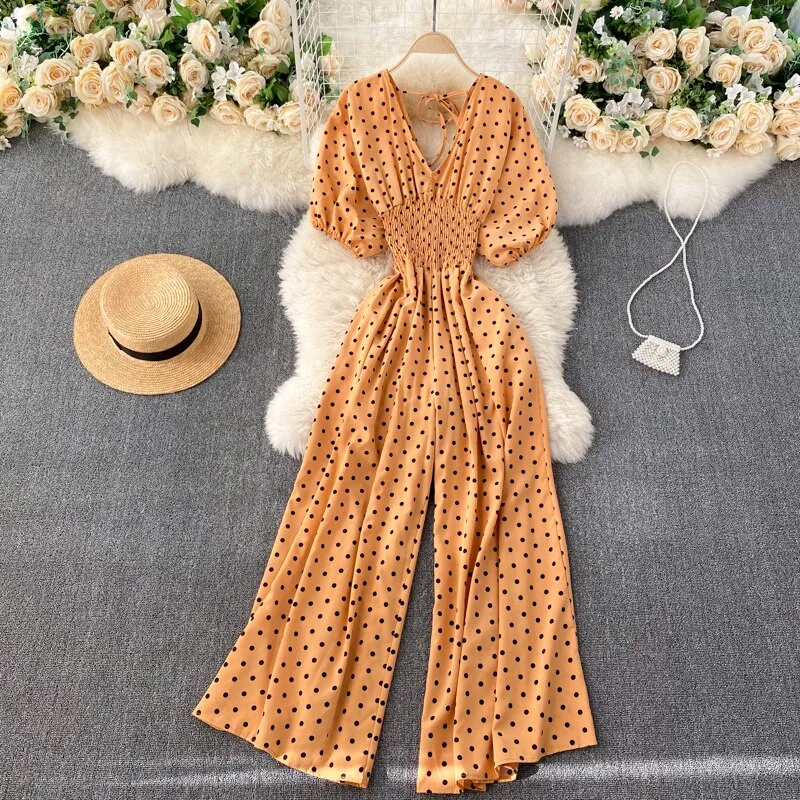 Women Polka Dot Romper Elegant V-Neck Jumpsuit