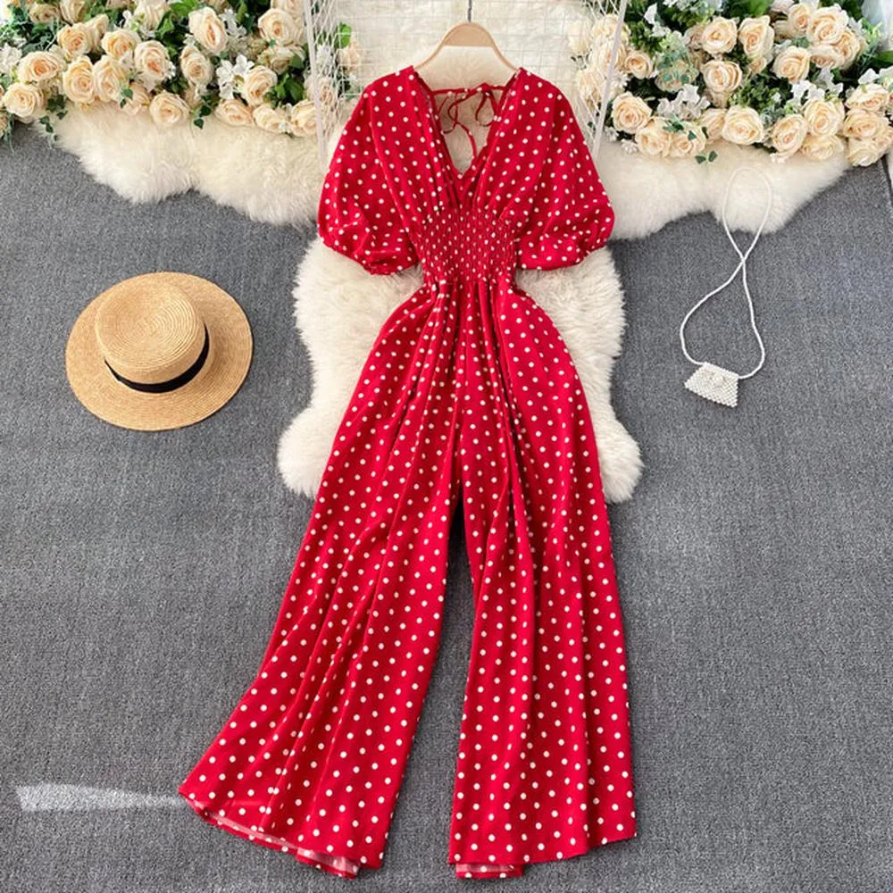 Women Polka Dot Romper Elegant V-Neck Jumpsuit