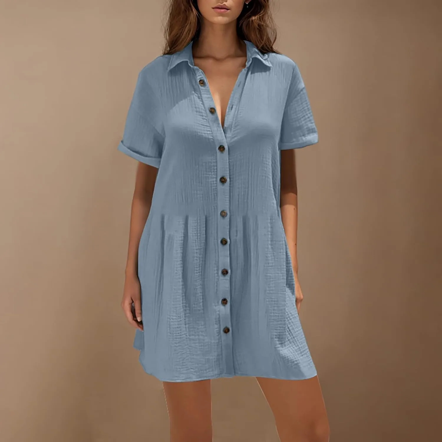 Womens Casual Short Sleeve Button Down Mini Shirt Dress Cotton Tunic Loose Beach Dress Tiered Ruffle Hem Shirt Dress