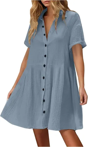 Womens Casual Short Sleeve Button Down Mini Shirt Dress Cotton Tunic Loose Beach Dress Tiered Ruffle Hem Shirt Dress