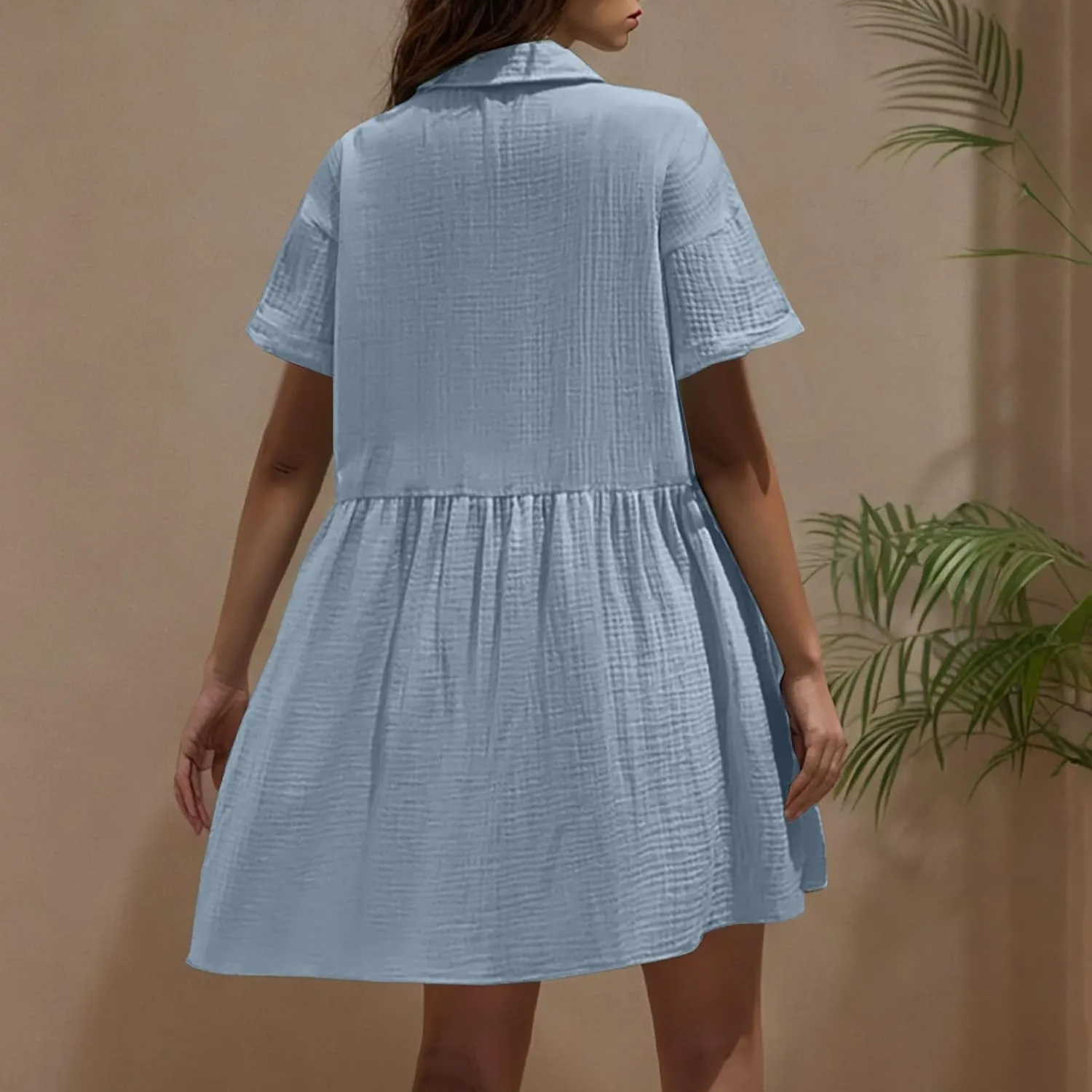 Womens Casual Short Sleeve Button Down Mini Shirt Dress Cotton Tunic Loose Beach Dress Tiered Ruffle Hem Shirt Dress