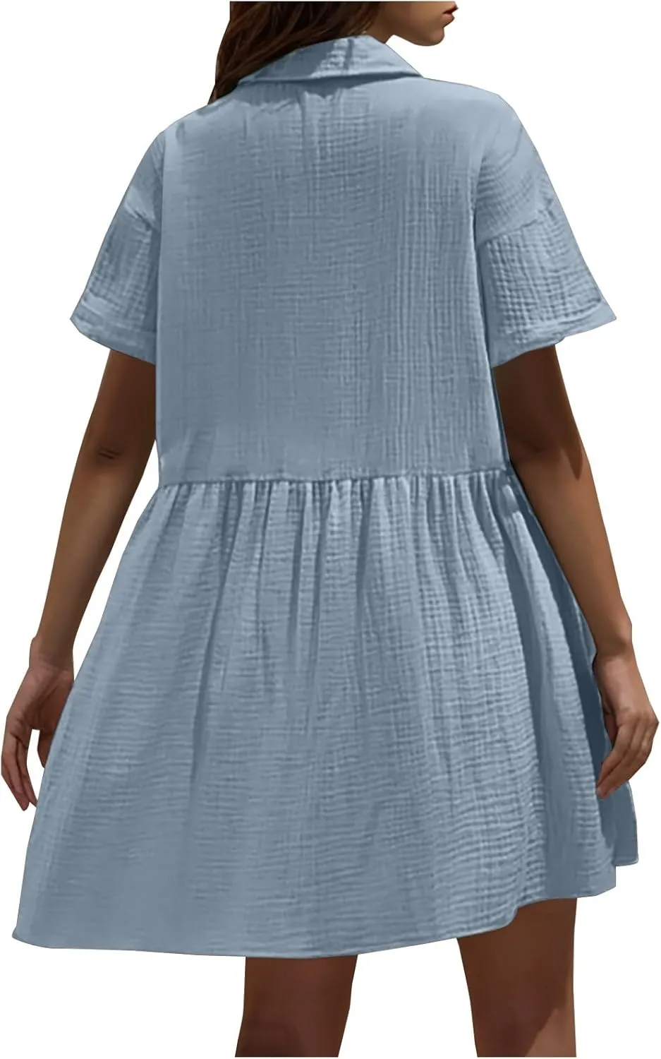 Womens Casual Short Sleeve Button Down Mini Shirt Dress Cotton Tunic Loose Beach Dress Tiered Ruffle Hem Shirt Dress