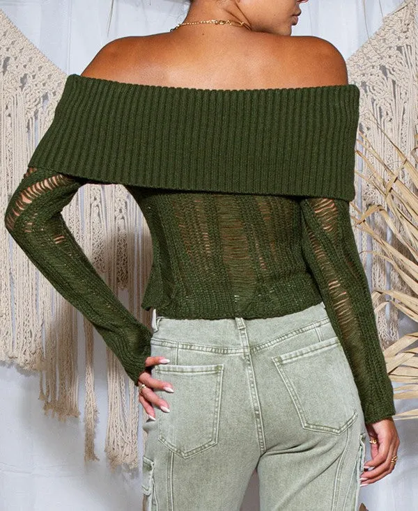 Women's off the shoulder distressed sweater