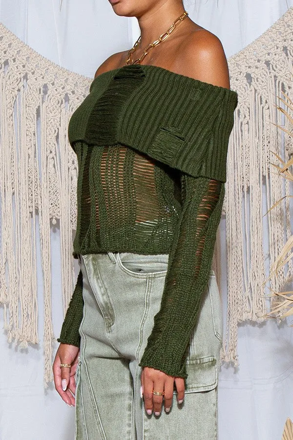 Women's off the shoulder distressed sweater