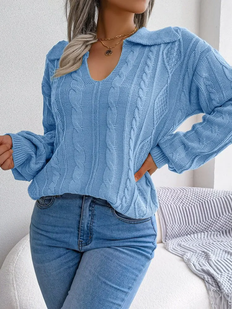 Women's Sweaters Casual Lapel Twist Long Sleeve Knit Sweater