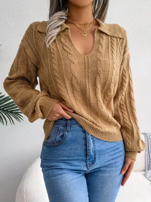 Women's Sweaters Casual Lapel Twist Long Sleeve Knit Sweater