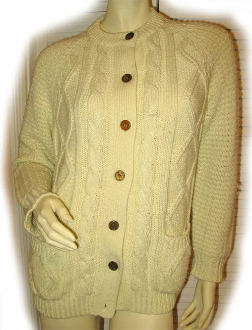 Womens Sweaters Light Yellow Cable Knit Cardigan Sweater Long Sleeve Button Down M