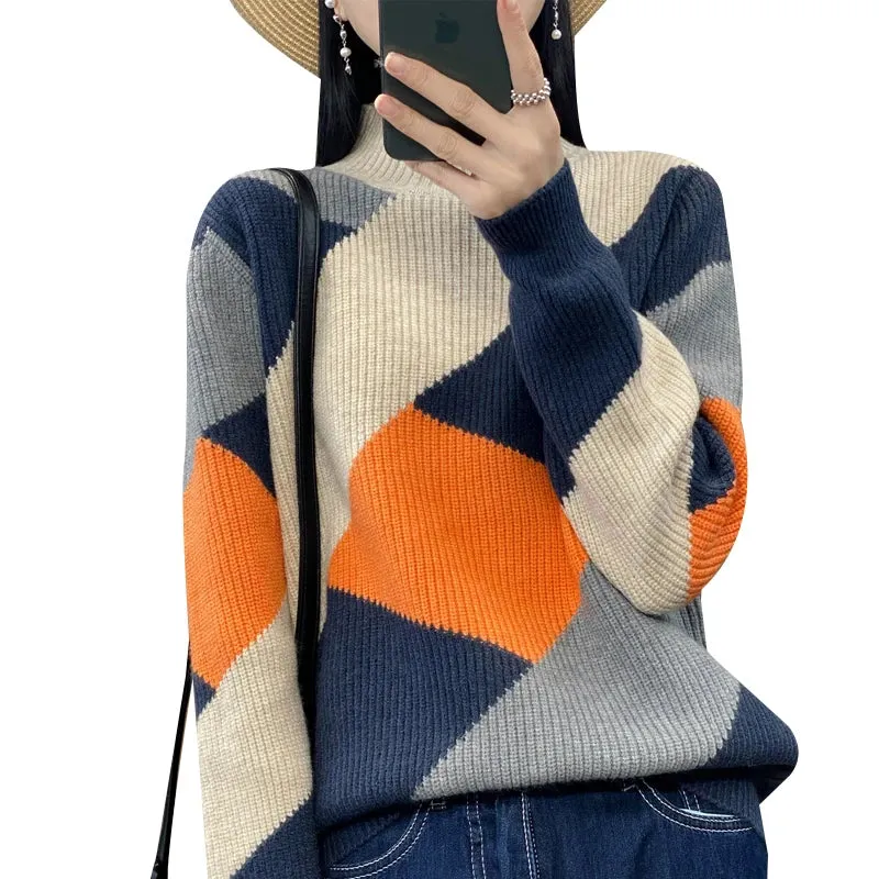 Women's Wool Warm Soft Sweater – Half-High Collar Thickened Pullover, Casual Autumn & Winter Color Block Knitted Top