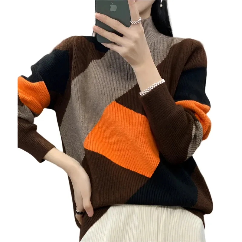 Women's Wool Warm Soft Sweater – Half-High Collar Thickened Pullover, Casual Autumn & Winter Color Block Knitted Top