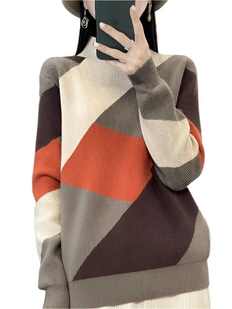 Women's Wool Warm Soft Sweater – Half-High Collar Thickened Pullover, Casual Autumn & Winter Color Block Knitted Top