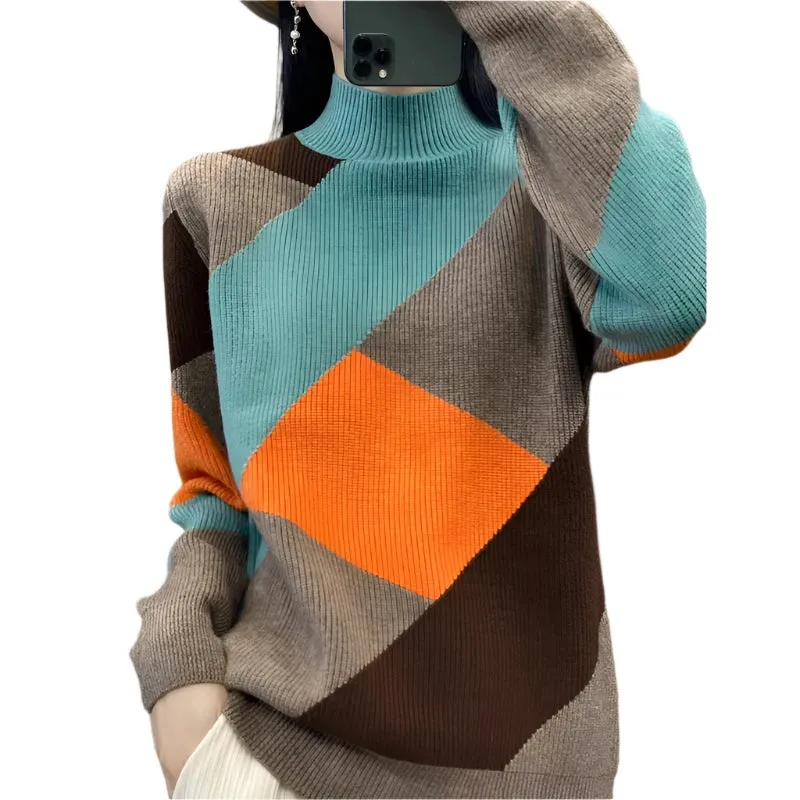 Women's Wool Warm Soft Sweater – Half-High Collar Thickened Pullover, Casual Autumn & Winter Color Block Knitted Top
