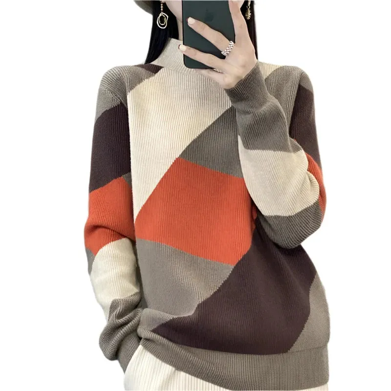 Women's Wool Warm Soft Sweater – Half-High Collar Thickened Pullover, Casual Autumn & Winter Color Block Knitted Top