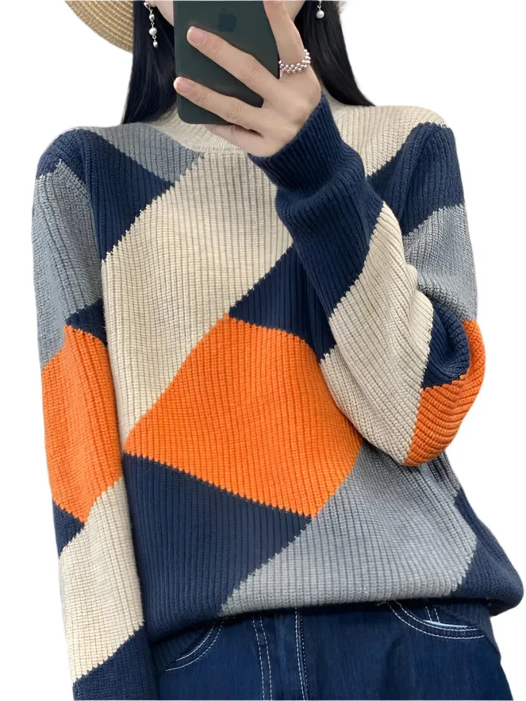 Women's Wool Warm Soft Sweater – Half-High Collar Thickened Pullover, Casual Autumn & Winter Color Block Knitted Top