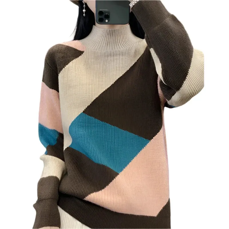 Women's Wool Warm Soft Sweater – Half-High Collar Thickened Pullover, Casual Autumn & Winter Color Block Knitted Top