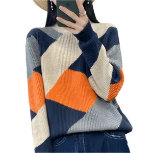 Women's Wool Warm Soft Sweater – Half-High Collar Thickened Pullover, Casual Autumn & Winter Color Block Knitted Top