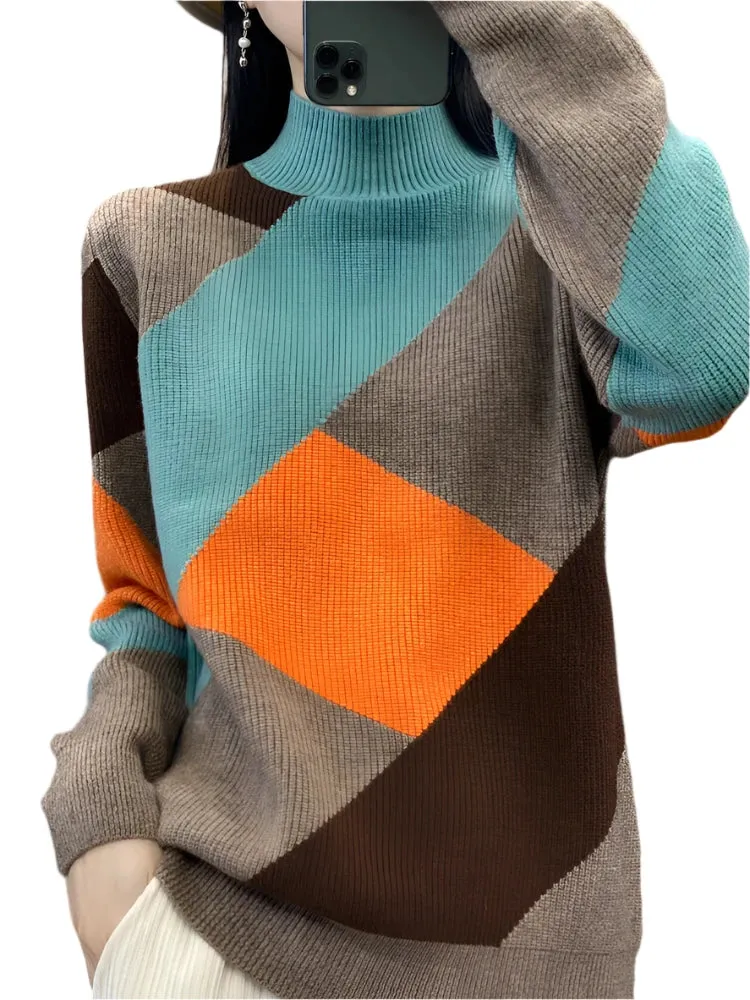 Women's Wool Warm Soft Sweater – Half-High Collar Thickened Pullover, Casual Autumn & Winter Color Block Knitted Top