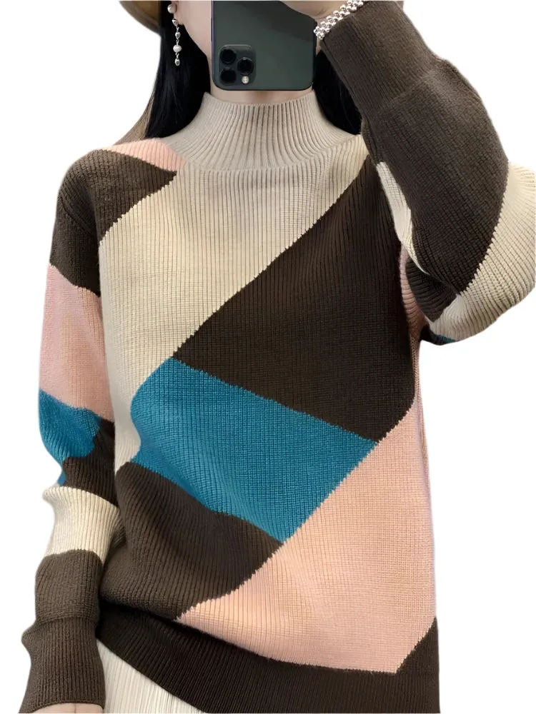 Women's Wool Warm Soft Sweater – Half-High Collar Thickened Pullover, Casual Autumn & Winter Color Block Knitted Top