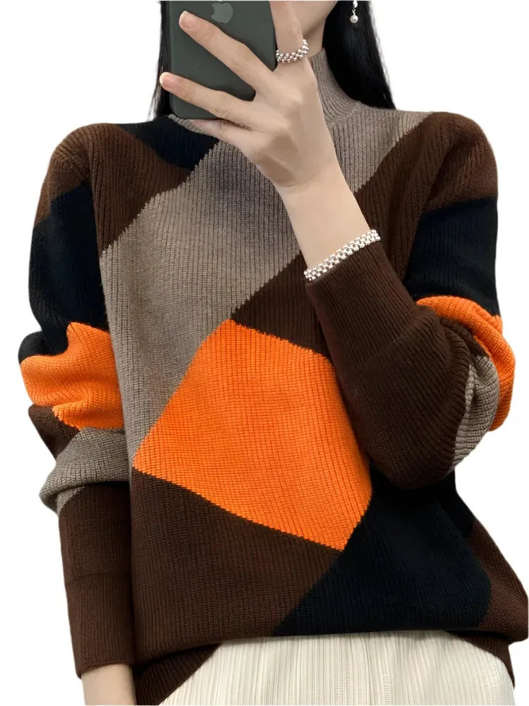 Women's Wool Warm Soft Sweater – Half-High Collar Thickened Pullover, Casual Autumn & Winter Color Block Knitted Top
