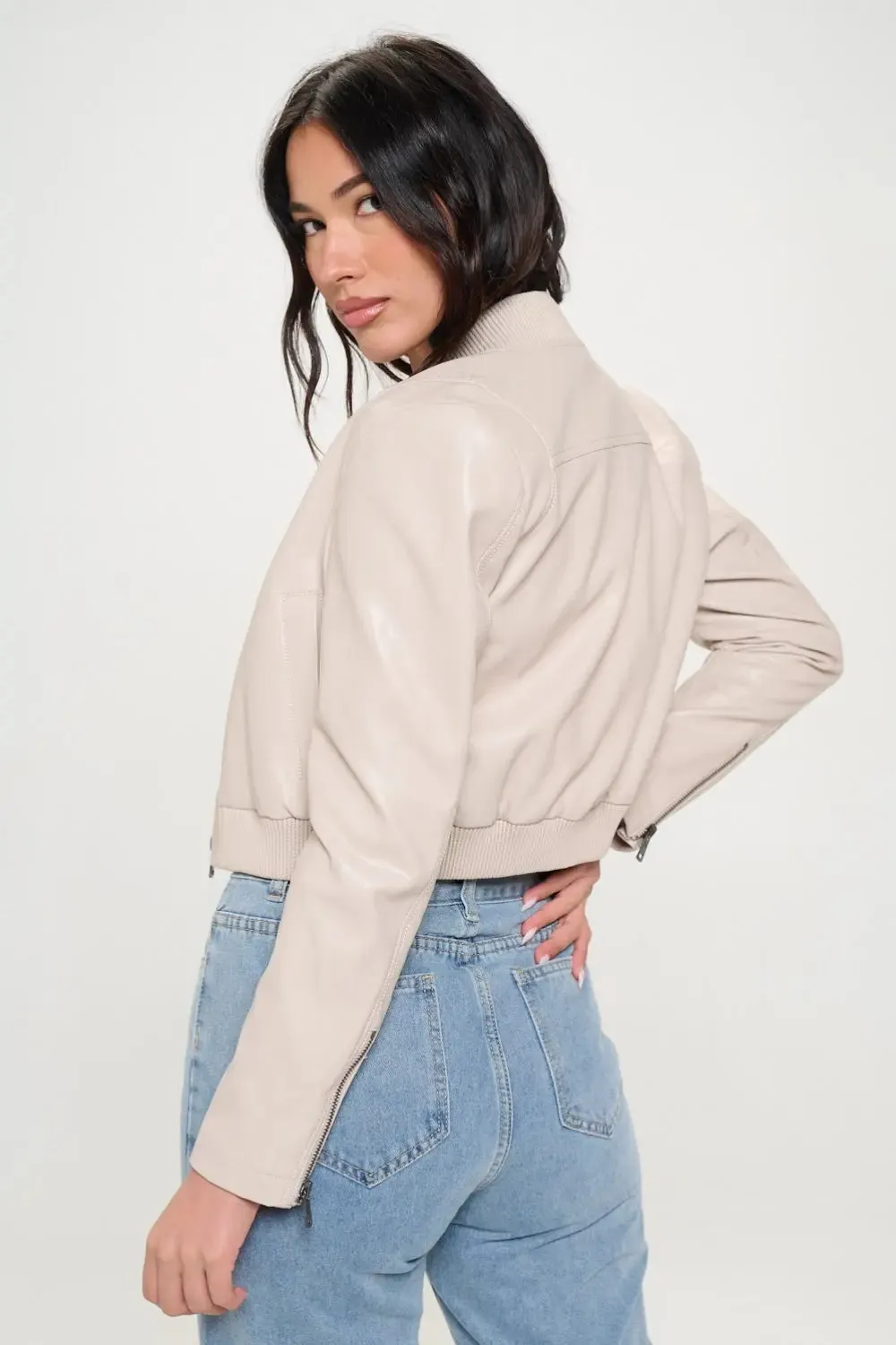 Zip-Up Cropped Bomber Jacket  Trendy Vegan Leather Outerwear