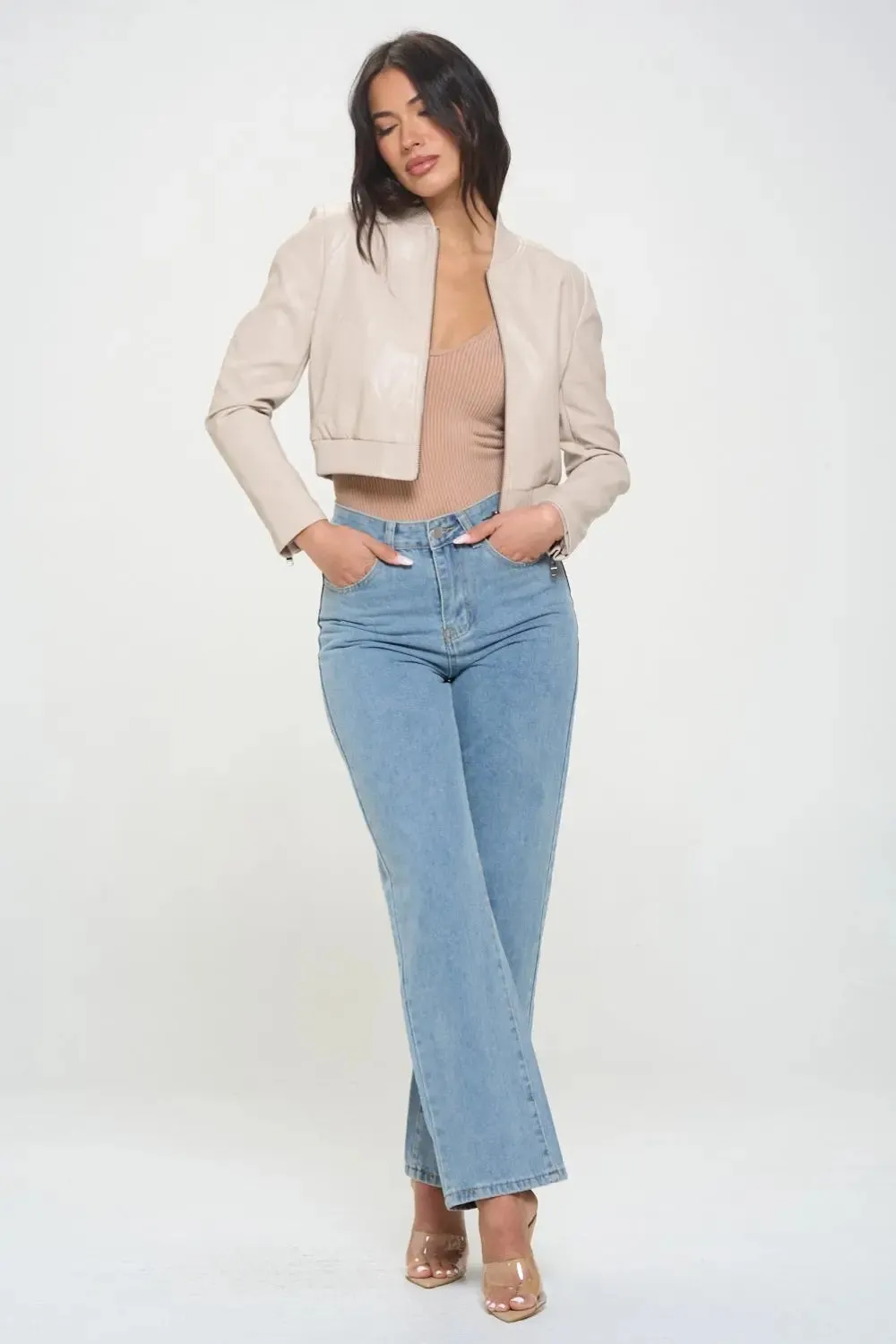 Zip-Up Cropped Bomber Jacket  Trendy Vegan Leather Outerwear