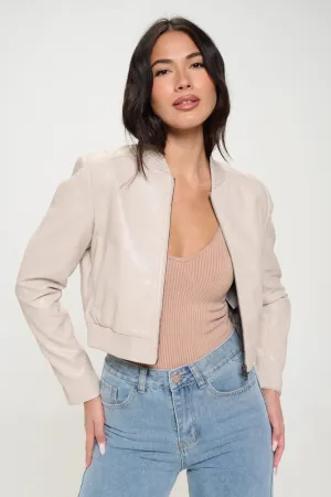Zip-Up Cropped Bomber Jacket  Trendy Vegan Leather Outerwear