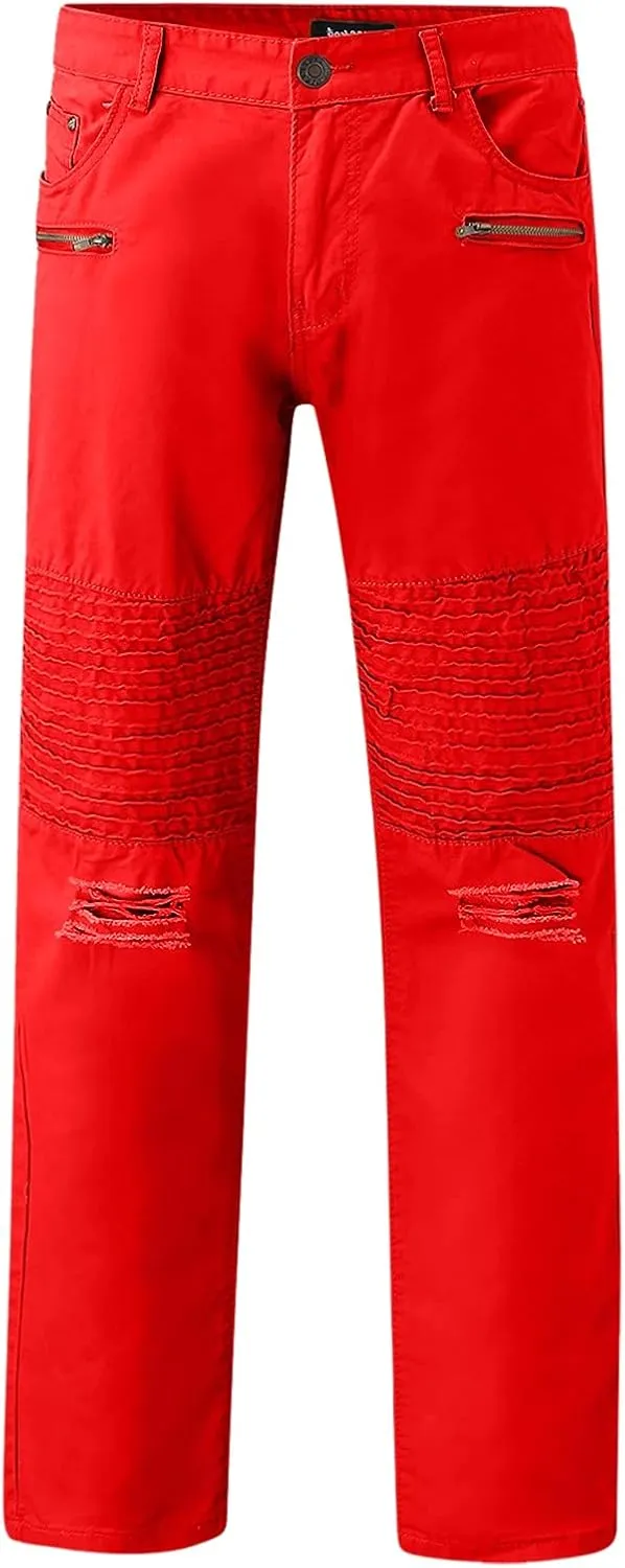 ZYXTIM Mens Straight Leg Ripped Skinny Jeans Slim Fit Solid Pleated Distressed Denim Pants Pencil Tapered Trousers